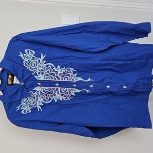 Bob‎ Mackie Wearable Art Artsy Sequined Bright Blue Button Shirt women's XL